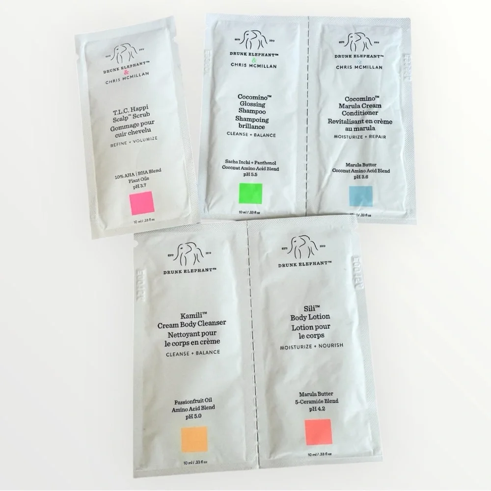 Drunk Elephant Hair/Body Set Shampoo, Conditioner, Scalp Scrub Lotion & Cleanser